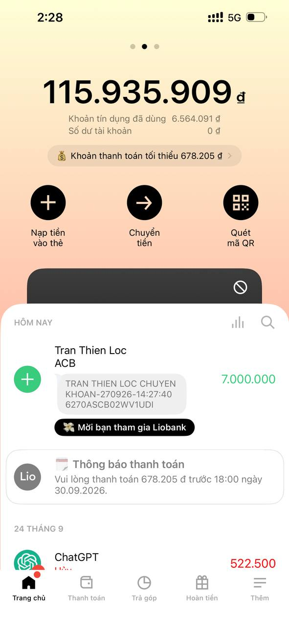 Màn hình ứng dụng Lio Bank